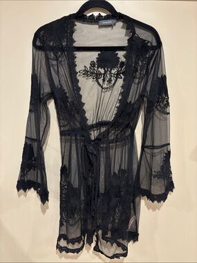Black bell sleeve embroidered lace duster